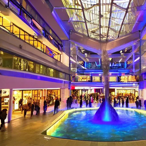 Prompt: A vast shopping mall interior with an enormous water feature, water fountain, water falls, photo taken at night, neon pillars, large crowd