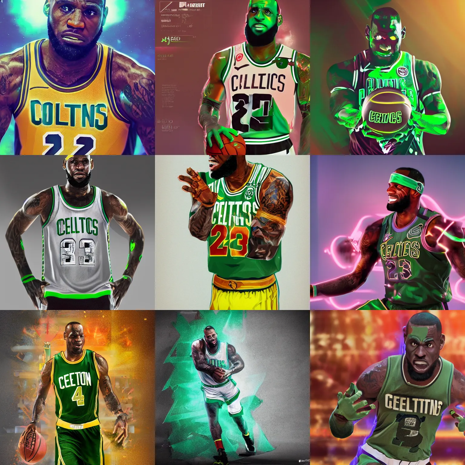 Prompt: lebron james as a boston celtics iron man, neon effect, fantasy concept design, trending on artstation, octane render