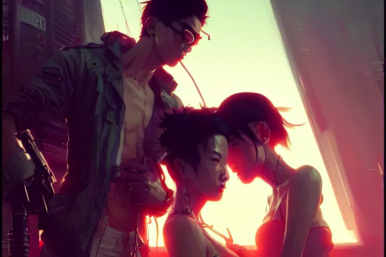 Image similar to hyper - realistic cinematic shot of cyberpunk romantic couple, extreme detail, in style of pan ren wei, yoji shinkawa, atey ghailan, ilya kuvshinov, by greg rutkowski, by greg tocchini, by james gilleard, by joe fenton, by kaethe butcher, grunge aesthetic