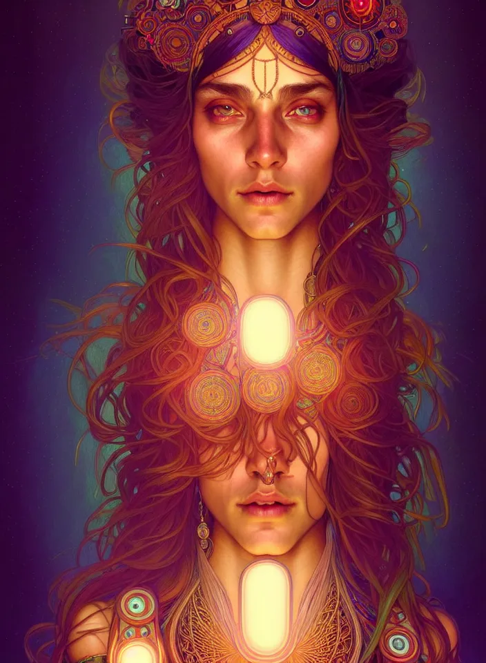 Image similar to symmetry!! portrait of a hippie man, boho outfit, glowing lights!! ambient, intricate, elegant, highly detailed, digital painting, artstation, symmetric concept art, smooth, sharp focus, illustration, art by artgerm and greg rutkowski and alphonse mucha, 8 k