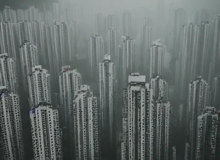 Prompt: overhead view of a dystopian hong kong city, cinematic lighting, scary mist