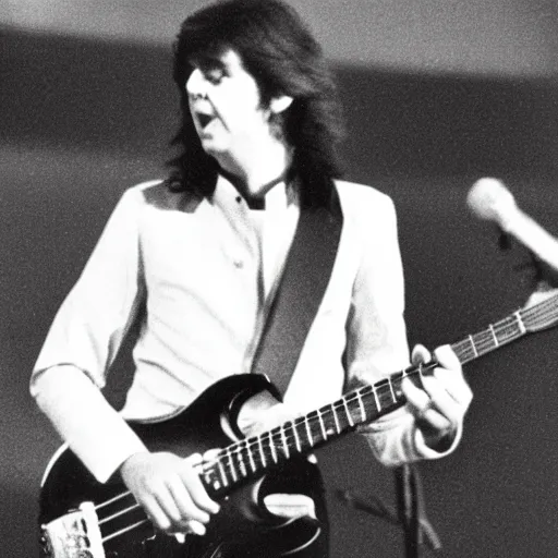 Prompt: young Paul McCartney with a mullet, playing bass and wearing a doctors coat, concert photography from the 70s, real telephoto, bokeh