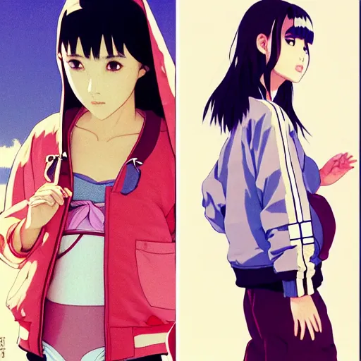 Image similar to a beautiful japanese natalie portman gravure model, wearing oversized native designer bomber jacket and leotard with overalls, bulky poofy bomber jacket with mesoamerican patterns, mesoamerican native street fashion, gapmoe yandere grimdark, trending on pixiv fanbox, painted by greg rutkowski makoto shinkai takashi takeuchi studio ghibli, akihiko yoshida