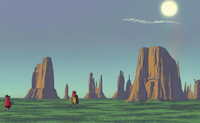 Image similar to a realistic cell - shaded studio ghibli concept art from paprika ( 2 0 0 6 ) of a flying multi - colored rocketship from close encounters of the third kind ( 1 9 7 7 ) in a flooded monument valley stonehenge jungle with giant trees on a misty starry night. a pack of camel are in the foreground. very dull colors, portal, hd, 4 k, hq