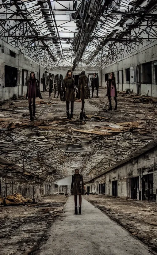 Prompt: Fashion Catwalk inside Military Base, Dystopian, War, Destruction Wide Lens