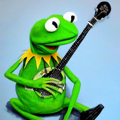 Prompt: kermit the frog playing banjo painted by gerard way