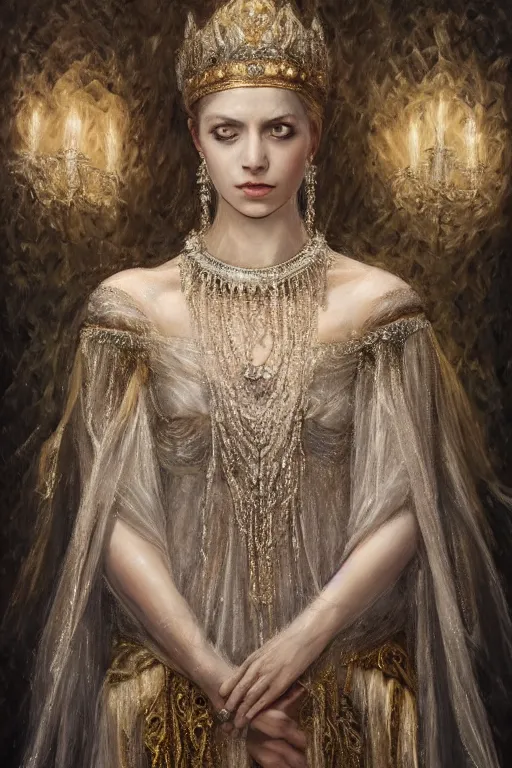 Image similar to full - body - portrait of a beautiful stunning peaceful majestic ice queen wearing intricate jewelry, oil on canvas, baroque style, perfect symmetrical face, mood lighting, ornate and elegant, winter, philosophical, dreamlike, ethereal, painterly, 🌚, digital art, detailed, trending on artstation