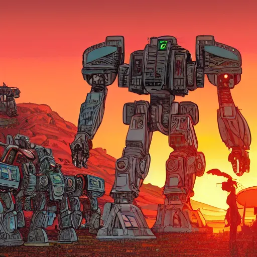 Image similar to hyper detailed comic illustration of a giant mechwarrior robot and the sunset in the distance, by Josan Gonzalez and Geof Darrow, highly detailed, 8k wallpaper