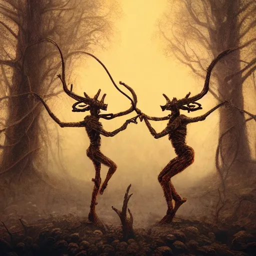 Prompt: two demons dance ballet in hell with ethernet cables wrapped around their arms, trees burning in the background,, beksinski, dariusz zawadzki, very coherent symmetrical artwork. cinematic, hyper realism, high detail, octane render, 8 k