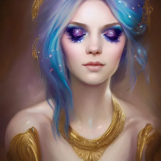 Prompt: Portrait by Charlie Bowater, blue hair, mascara, glitter makeup, gold filigree, smiling, soft colors, pastels
