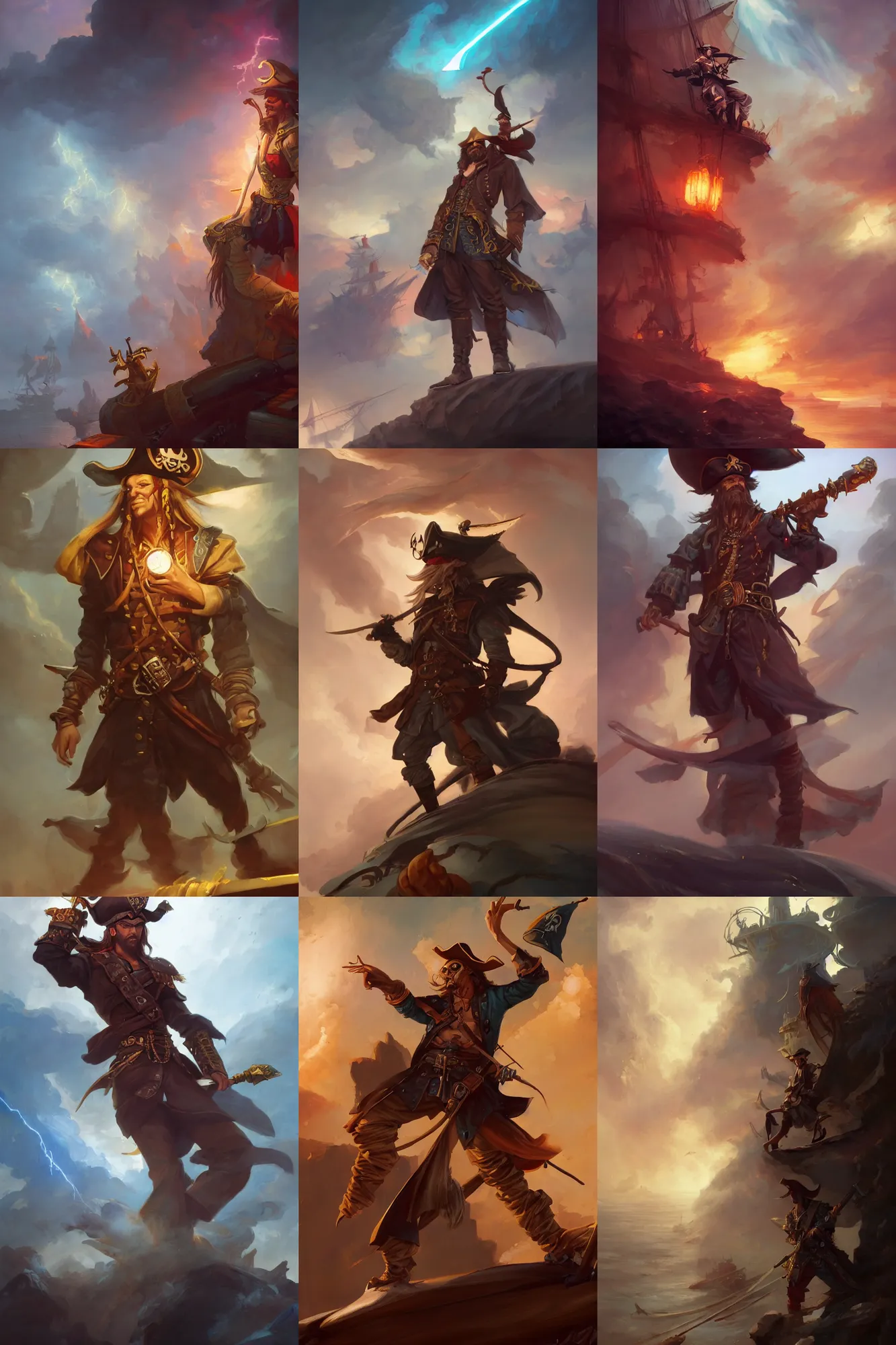 Prompt: A high fantasy pirate captain on a ship, by Peter Mohrbacher and Craig Mullins, full shot, official media, beautiful, detailed, high quality, wallpaper 4K, epic, trending on artstation and behance, dynamic lightning