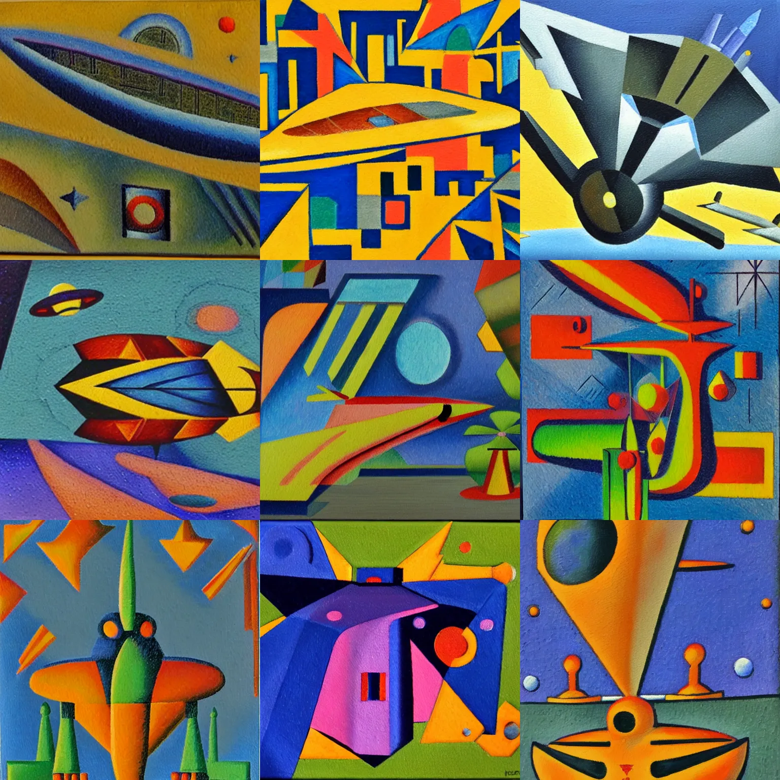 Prompt: oil painting of a spaceship, in the style of Jean Metzinger