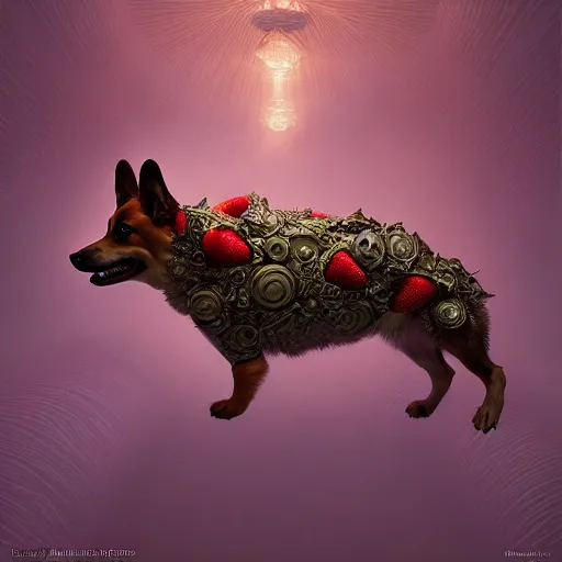 Image similar to cross between a corgi and a strawberry : by michal karcz, daniel merriam, victo ngai and guillermo del toro : ornate, dynamic, particulate, intricate, elegant, highly detailed, centered, artstation, smooth, sharp focus, octane render