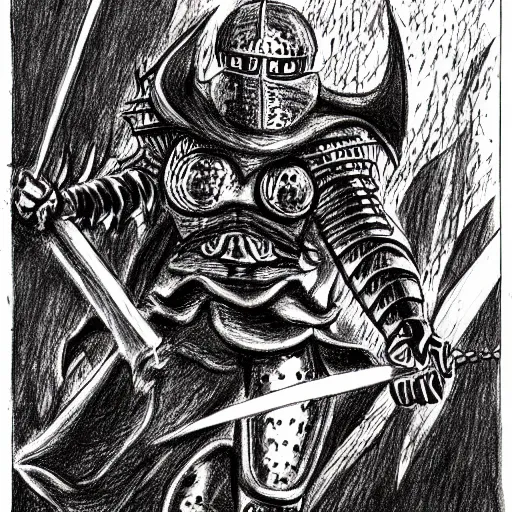 Prompt: drawing of a knight confronting monsters in hell by Kentaro Miura