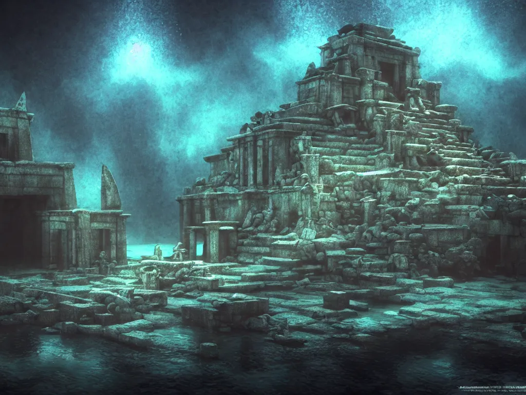 Image similar to full color, wide shot, submerged pre - incan temple, dark, underwater, symmetrical, bubbles, abyss, grenada underwater sculpture park, anime style mixed with fujifilm, detailed gouache paintings, stylized, dark, murky, foggy, atmospheric, artstation, cgsociety, octane render, cgi, unreal engine 5, denoise, cinematic masterpiece