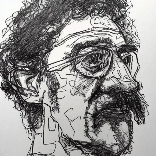 Prompt: a realistic yet scraggly portrait sketch of the side profile of a happy weird al, trending on artstation, intricate details, in the style of frank auerbach, in the style of sergio aragones, in the style of martin ansin, in the style of david aja, in the style of mattias adolfsson