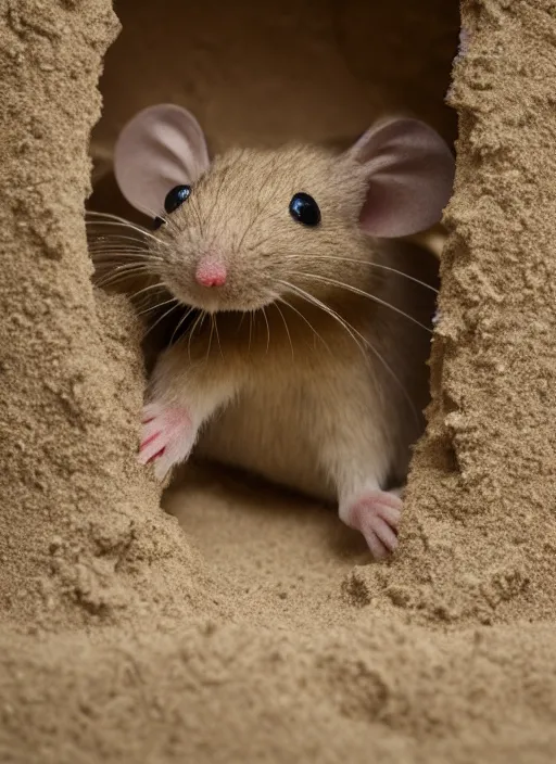 Image similar to dslr photo still of a mouse inside a sand castle, 8 k, 8 5 mm f 1. 4