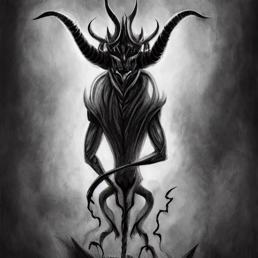 Prompt: full body grayscale drawing by Anato Finnstark of horned demon in dynamic pose, swirling flames