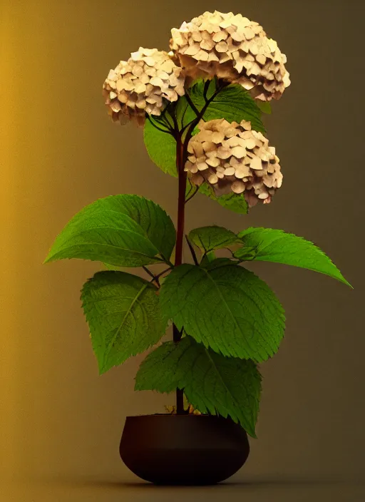 Image similar to an isolated hydrangea plant, 3 d render, art nouveau dark outlines, ultra realistic, masked transparent flat background, popular on sketchfab, pixelsquid, 8 k, volumetric lighting, super focused, no blur, trending on artstation, octane render, ultra detailed, hyperrealistic, by artgerm and greg rutkowski and alphonse mucha