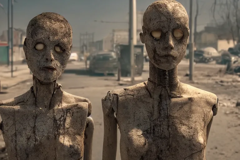 Prompt: vfx movie scene dilapidated mannequin in post apocalyptic street, natural evening light closeup by emmanuel lubezki