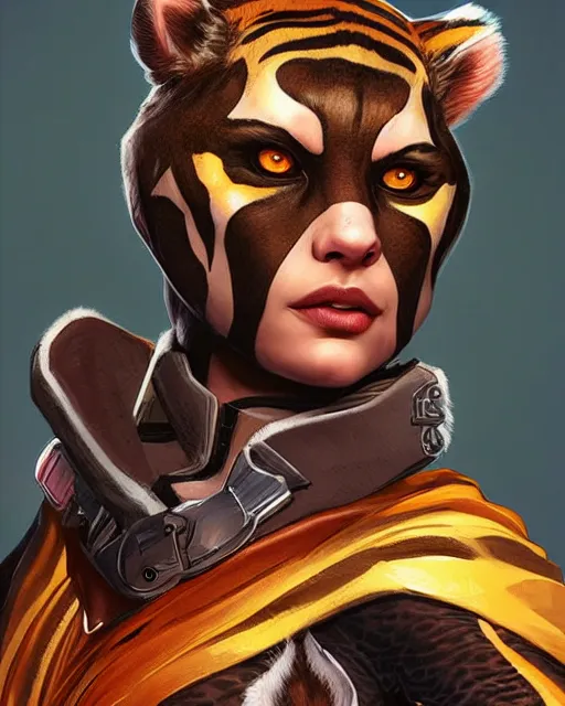 Image similar to The Tiger Queen as an Apex Legends character digital illustration portrait design by, Mark Brooks detailed, soft lighting