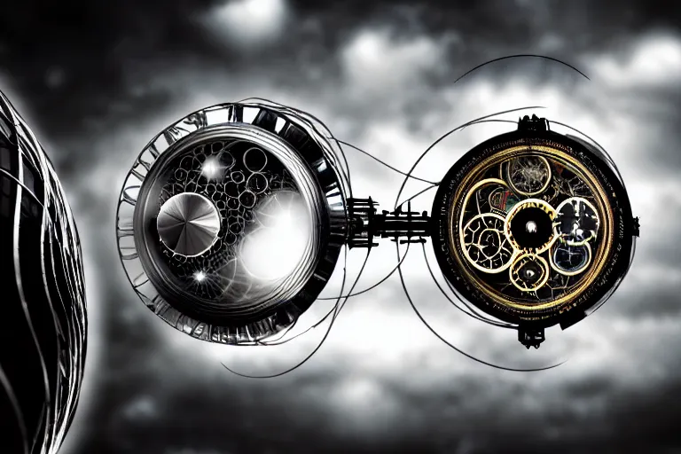 Prompt: a very beautiful photograph of futuristic working time - machine, time displacement device, travel in time, time travel, teleportation, 3 5 mm, wide angle, elegant, hyper realistic, mechanical and magical