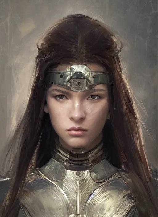 Image similar to a professional painting of a beautiful young female, clothed in military armor, olive skin, long dark hair, beautiful bone structure, symmetrical facial features, intricate, elegant, digital painting, concept art, smooth, sharp focus, illustration, from Metal Gear, by Ruan Jia and Mandy Jurgens and Artgerm and William-Adolphe Bouguerea