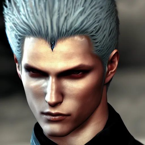 Image similar to Vergil, son of Sparda, beautiful, game screenshot, detailed face, aesthetic, realistic, soft lights