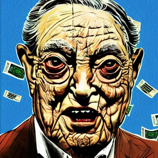 Image similar to George Soros full body shot, dollar bills Body horror, biopunk, by Ralph Steadman, Francis Bacon, Hunter S Thompson