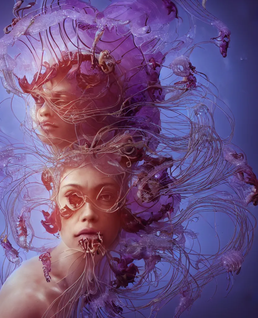 Image similar to close-up portrait of the face of a beautiful princess in a twisted flowers orchid jellyfish mask surrounded by energy flow, epic angle and pose, symmetrical artwork, 3d with depth of field, blurred background, floating jellyfish skull phoenix bird, translucent, nautilus, energy flows of water and fire. a highly detailed epic cinematic concept art CG render. made in Maya, Blender and Photoshop, octane render, excellent composition, cinematic dystopian brutalist atmosphere, dynamic dramatic cinematic lighting, aesthetic, very inspirational, arthouse. y Greg Rutkowski, Ilya Kuvshinov, WLOP, Stanley Artgerm Lau, Ruan Jia and Fenghua Zhong