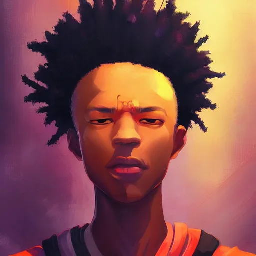 Image similar to afro - cyberpunk man manifesting dreams with ancestral magic in a modern world | hyperrealistic oil painting | by makoto shinkai, ilya kuvshinov, lois van baarle, rossdraws, basquiat | afrofuturism, in the style of surrealism, trending on artstation | dark color scheme