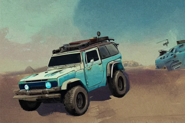 Image similar to digital illustration of a futuristic faded cyan mad max's fj 4 0 decrepit!!!! pursuit special, rusty!!! cyberpunk nissan fj cruiser heavily modded 1 9 9 0 s, the last v 8 interceptor by makoto shinkai, ilya kuvshinov, lois van baarle, rossdraws, basquiat