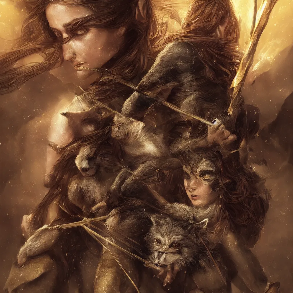 Image similar to Photorealistic cinematic close-up portrait of only one powerful angry female D&D elf ranger, holding a longbow, with a pet wolf, by Larry Elmore and Steven Belledin . Magical occult photorealism, UHD, amazing depth, glowing, golden ratio, 3D octane cycle unreal engine 5, volumetric lighting, cinematic lighting, cgstation artstation concept art