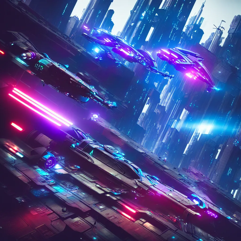 Prompt: Magnificent futuristic vehicle flying through a cyberpunk city high octane render, hyper realistic, extreme details, cinematic, trending on artstation | Aesthetics of bladerunner