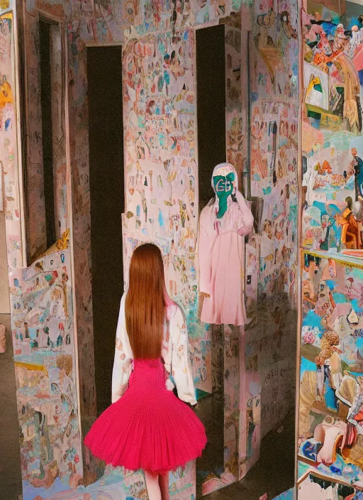 Image similar to a beautiful girl in a gucci outfit is manifesting a new city, mini magic city, hidden doors with secret surprises, magical details, high detail, 8 k, perfect faces, photographed by maurizio cattelan and pierpaolo ferrari, and petra collins