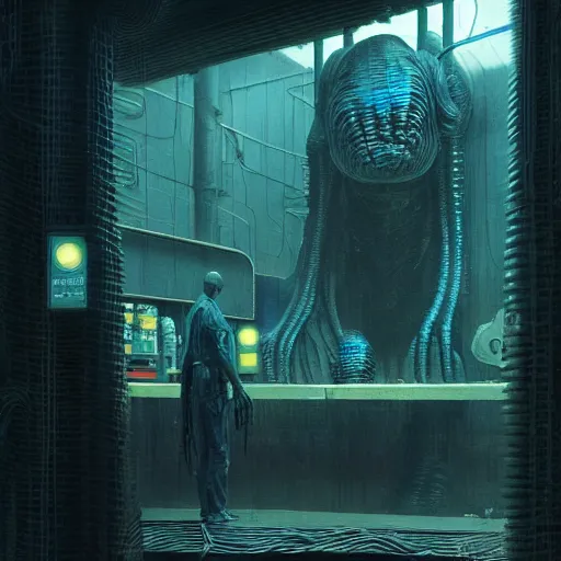 Image similar to menacing aggressive black slimy creature made out of needles, inside a gas station, aggressive harsh bright fluorescent industrial blue lighting, extremely detailed digital matte painting buy Greg Rutkowski and H.R. Giger