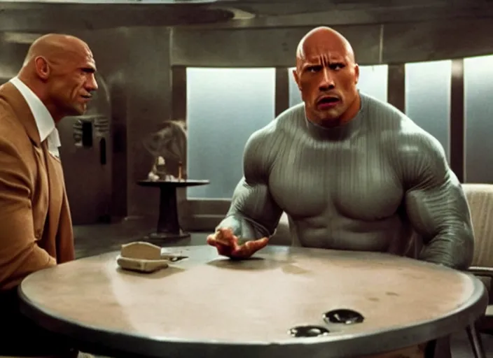 Image similar to film still of Dwayne Johnson as Doctor Evil sitting at the round metal table from Austin Powers