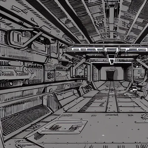 Prompt: photo, interior of a cargo bay, in the style of cowboy bebop, highly detailed and intricate