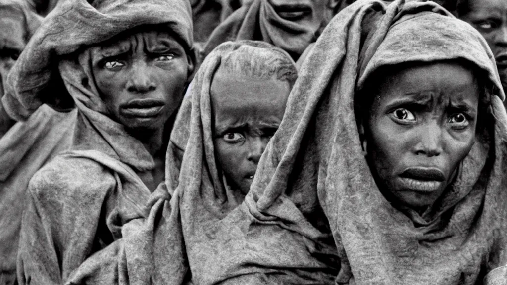 Image similar to 1984 Ethiopian biblical famine and drought as seen in Western newspapers, moody, dark, movie scene, hd, 4k