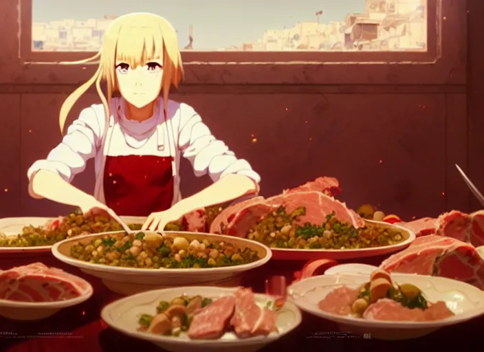 Image similar to a film still portrait of a tunisian couscous with meat, finely detailed features, closeup at the food, perfect art, at a dinner table, gapmoe yandere grimdark, trending on pixiv fanbox, painted by greg rutkowski makoto shinkai takashi takeuchi studio ghibli, akihiko yoshida