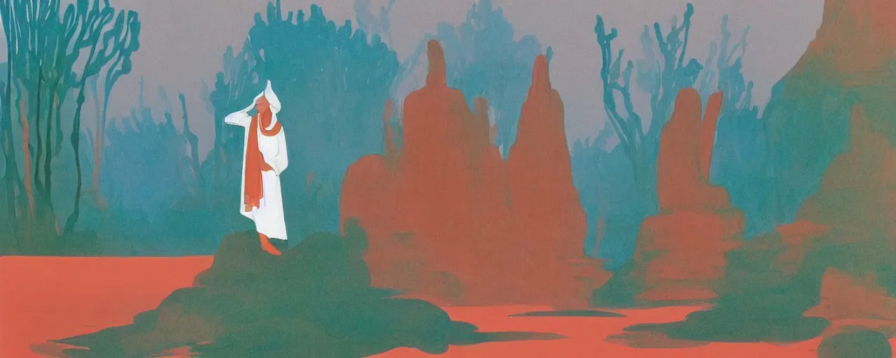 Image similar to deep desert, oasis, water lake, mirage, sand mists, red sandstone natural sculptures, desert flowers, subtle color variations, gentle mists, a white robed benevolent magician clothed in a royal garment in contemplation meditating upon God, by Eyvind Earle and Mary Blair