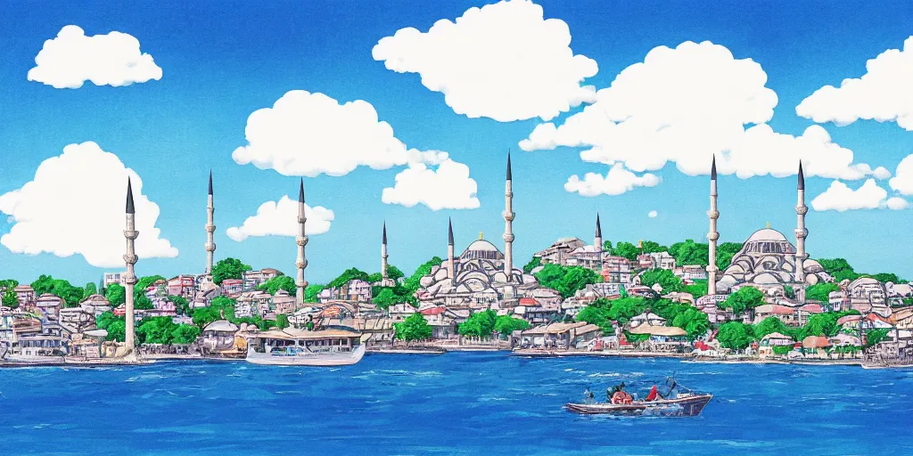 Image similar to istanbul, studio ghibli, azure sky, puffy clouds, anime background