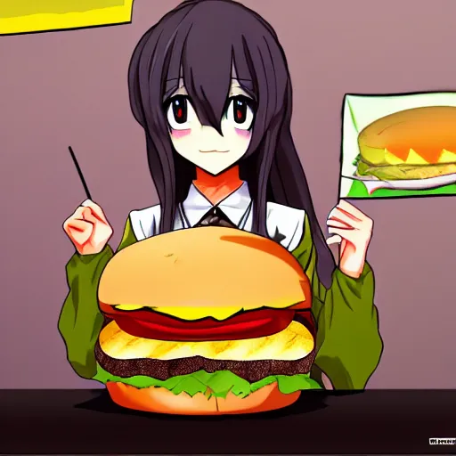 Image similar to a cheeseburger as an anime girl, anime, detailed, pixiv