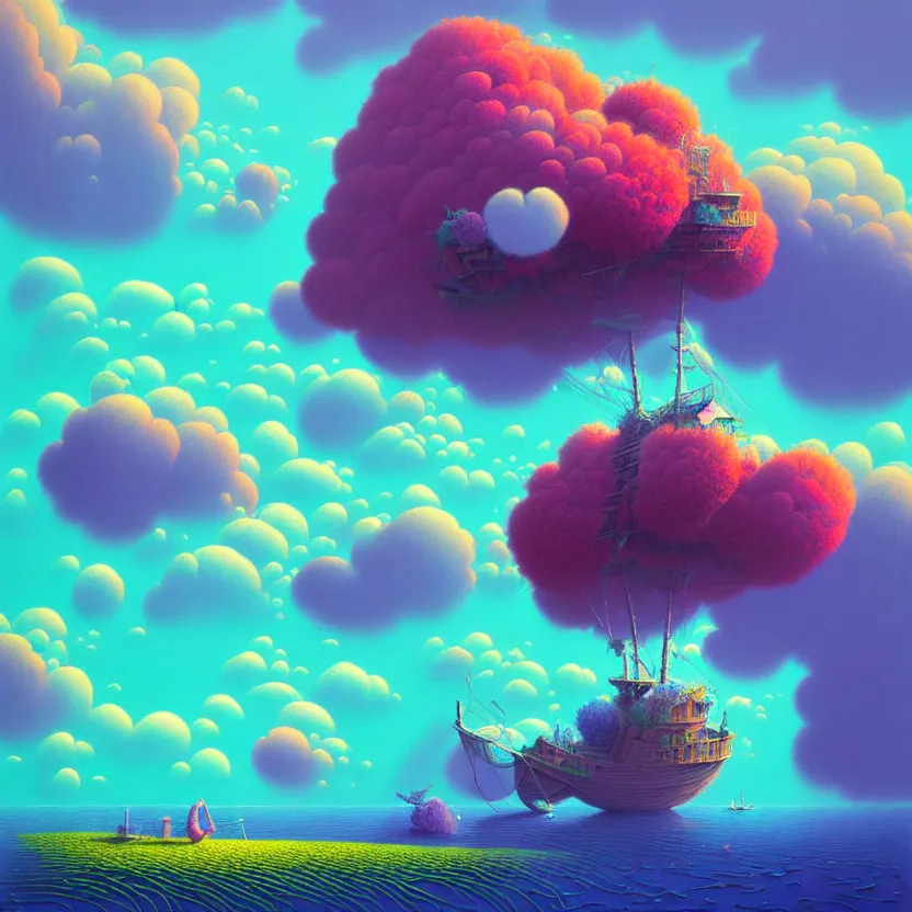 Image similar to sea cloud, summer morning, very coherent and colorful high contrast, art by! gediminas pranckevicius! geof darrow, pastel color, volumetric lighting, cinematic, floralpunk screen printing woodblock, dark shadows, hard lighting, stippling art