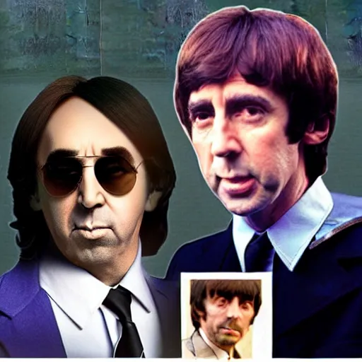 Image similar to nic cage superimposed into a photo as the fifth beatle