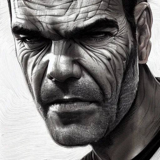 Image similar to trevor philips face made of noodles, highly detailed, digital painting, artstation, concept art, smooth, sharp focus, illustration, art by artgerm and greg rutkowski and alphonse mucha