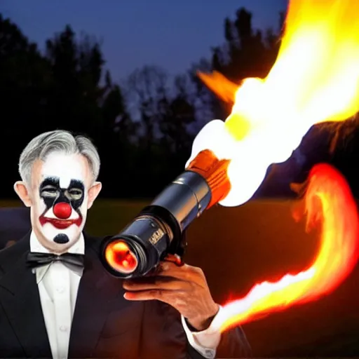 Image similar to photo of Jerome Powell with whiteface clown makeup using a flamethrower projecting a long flame, highly-detailed