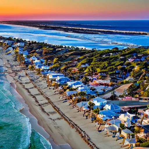 Prompt: overhead view california beach town golden hour shimmering sands luxury homes