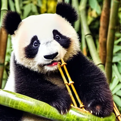 Prompt: adorable panda cub wearing mirrored sunglasses eating bamboo at the chengdu panda base exhibit, national geographic style