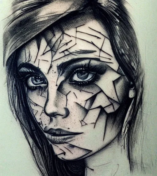 Image similar to realism tattoo sketch of liz katz face double exposure mountain scenery, in the style of matteo pasqualin, amazing detail, sharp, faded